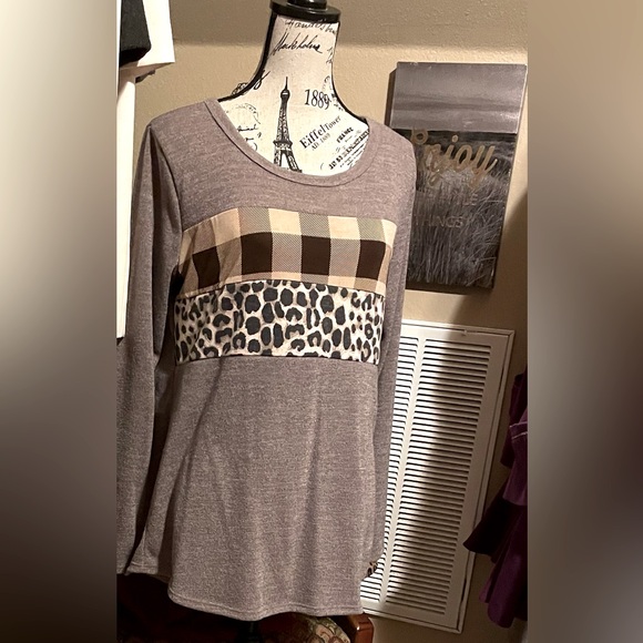 NWT HEIMISH USA SZ L Leopard and checks Brown & Tan Tunic long sleeve NEW Lovely - Picture 1 of 11
